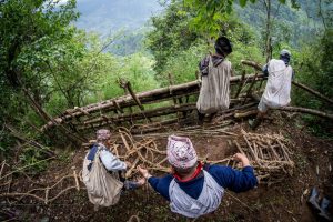 Hunters assembling rope ladder for Honey Hunting